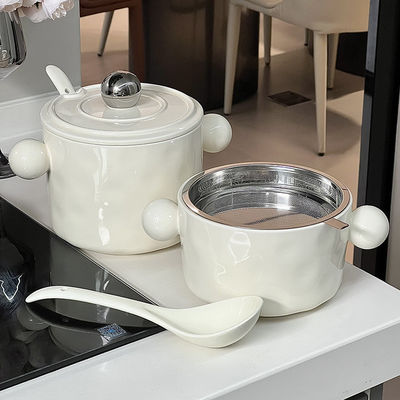 Dubbele handvat keramische schaal met deksel van roestvrij staal en microgolffunctie 1000 ml