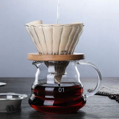 600 ml Drip Glass Coffee Pot met houten handvat Hittebestendige Giet over koffiezetapparaat