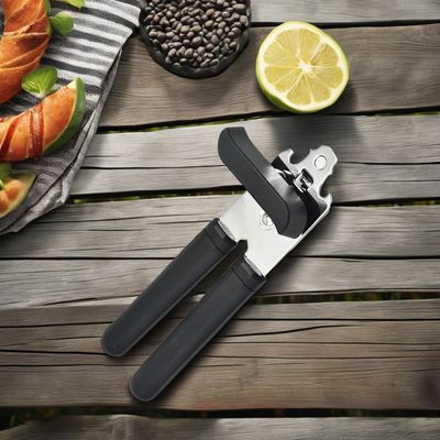 Compacte blikopener van roestvrij staal met multifunktioneel flesopener en plastic handvat