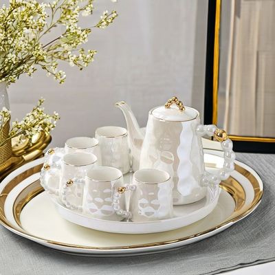 Stijlvolle roze parel keramische koffiebeker set met schotel en bamboe theekop 1300 ml capaciteit