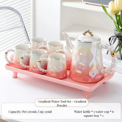 Stijlvolle roze parel keramische koffiebeker set met schotel en bamboe theekop 1300 ml capaciteit