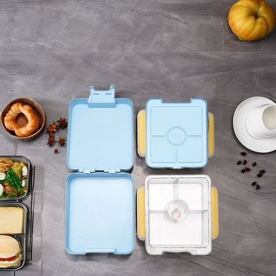Blauwe dubbel-tier kinderen geïsoleerde school lunch box met voedsel kwaliteit siliconen zegel ring plastic bento accessoires