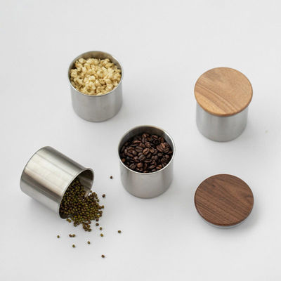 11/12/13/14cm Groottes Modern ontwerp Roestvrij staal Vacuümopslag Canister Houten deksel voor koffiebonen Theegranen