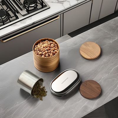 11/12/13/14cm Groottes Modern ontwerp Roestvrij staal Vacuümopslag Canister Houten deksel voor koffiebonen Theegranen