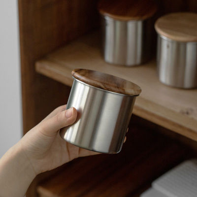 Dried Food Storage Jar 11cm Roestvrij staal Vacuum Koffiekanister met houten deksel voor de keuken