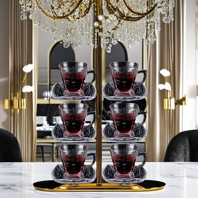 Classic Design Koffie-Tee Sets Doorzichtige Glasbeker Schotel Set Met Patroon Handvaten