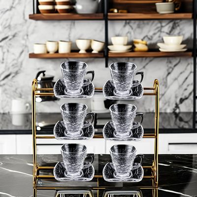 Classic Design Koffie-Tee Sets Doorzichtige Glasbeker Schotel Set Met Patroon Handvaten