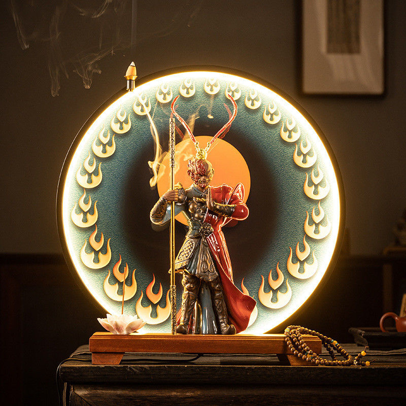 Sculpture voor binneninrichting 2024 Zwart Keramische zon Wukong wierookhouder met LED-licht