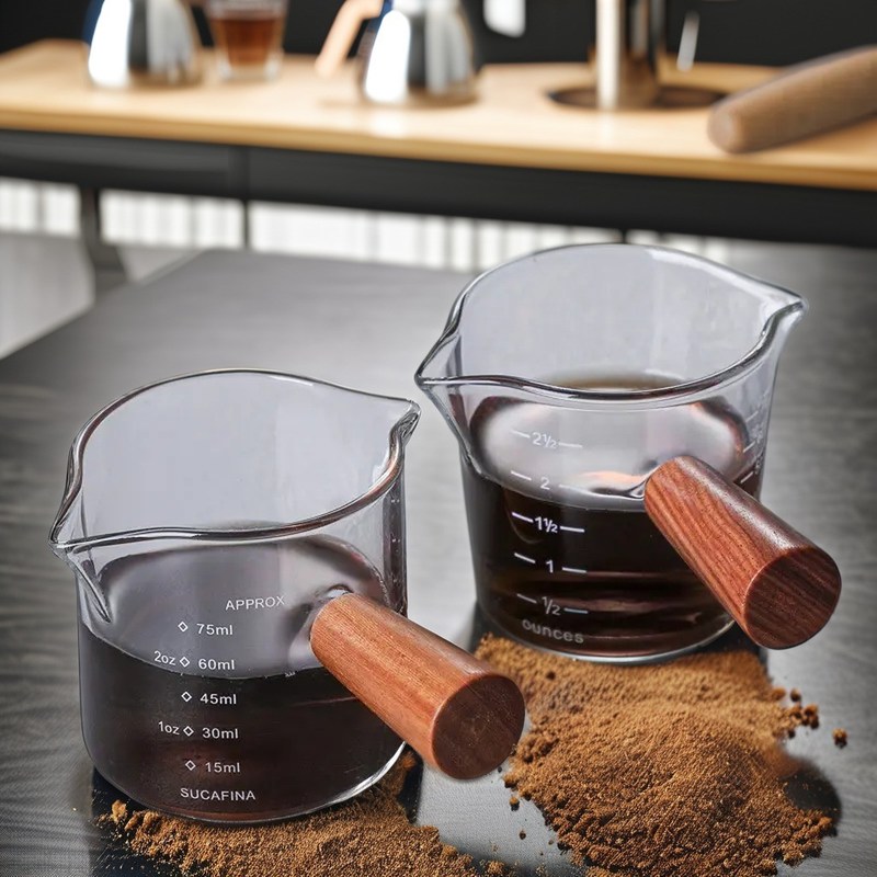 Doorzichtige glazen kop met houten handvat Dubbelmond koffie/melkbeker 75ml/150ml