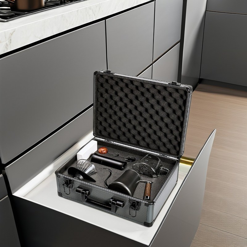 Handgebrouwen koffiekist met filterpot filterpapier en schaal modern vintage ontwerp