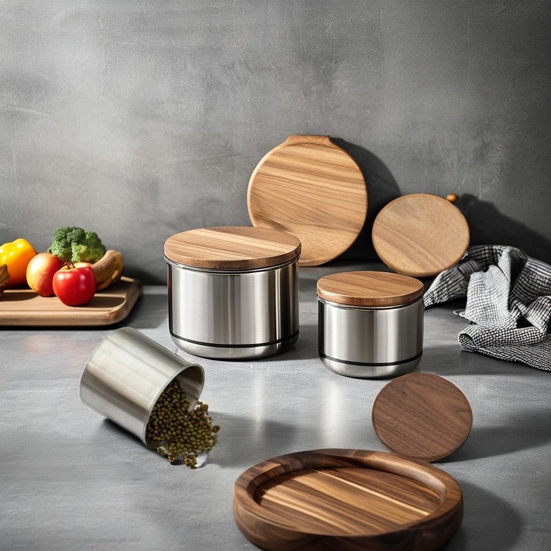 Dried Food Storage Jar 11cm Roestvrij staal Vacuum Koffiekanister met houten deksel voor de keuken