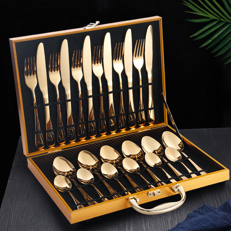 Roestvrij staal hotel bruiloft 24pcs bestek set lepel en vork zilverware luxe goud